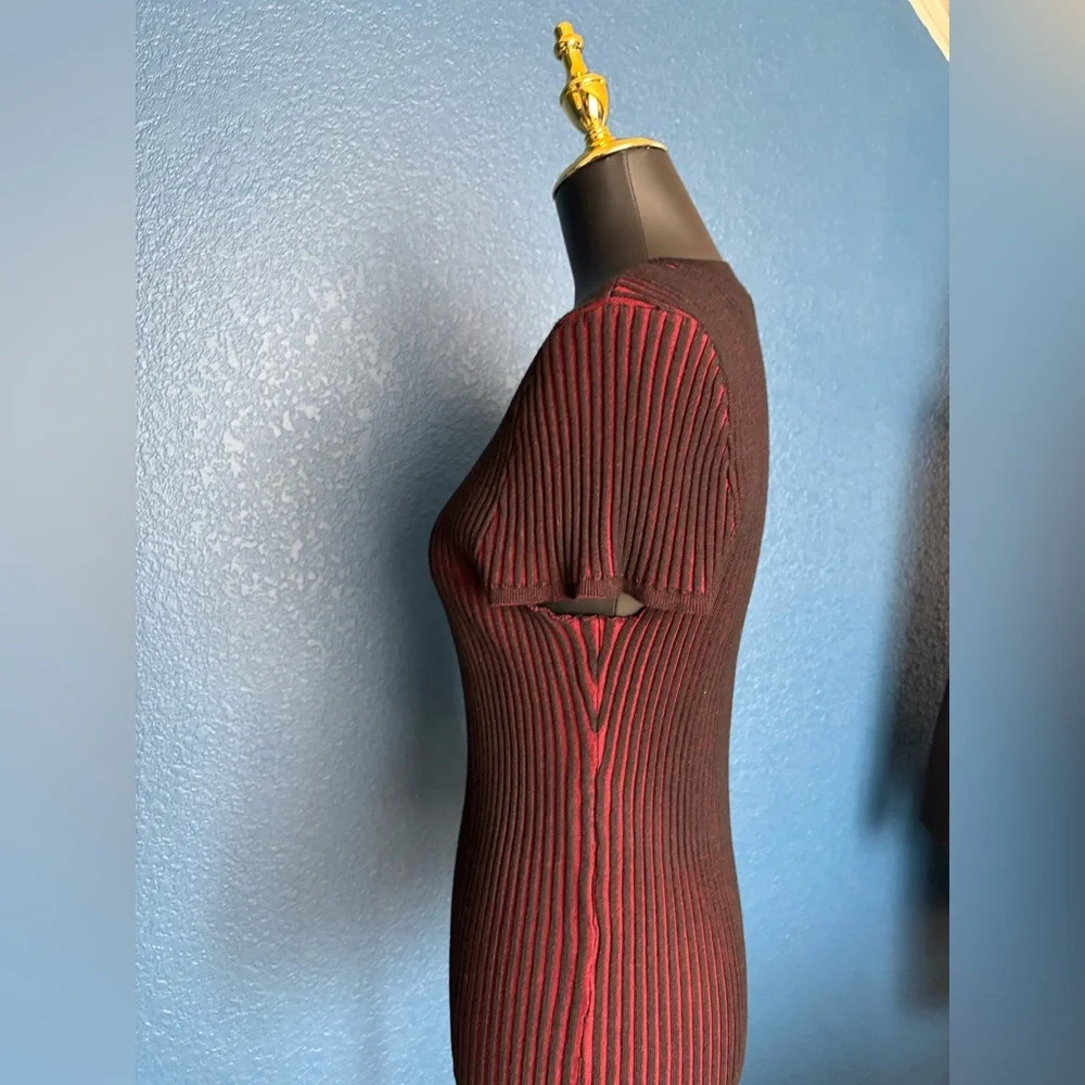 DKNY Black and Red Striped Short Sleeve Top, Shell, form-fitted, stretch - Picture 10 of 13